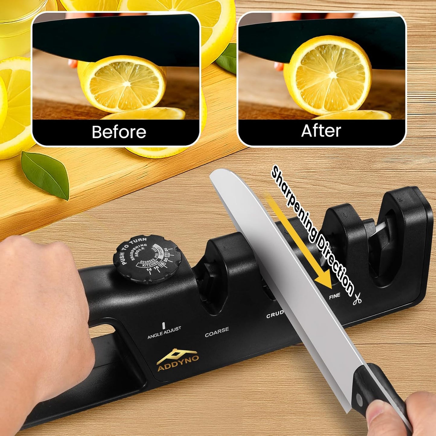 Knife Sharpener, Adjustable Angle 4-in-1 Kitchen Knife Sharpener, 3-Stage Coarse Sharpen Fine with Scissors Slot, Non-Slip Base Ergonomic Handle for Household Knives and Scissors