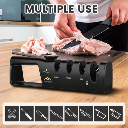 Knife Sharpener, Adjustable Angle 4-in-1 Kitchen Knife Sharpener, 3-Stage Coarse Sharpen Fine with Scissors Slot, Non-Slip Base Ergonomic Handle for Household Knives and Scissors