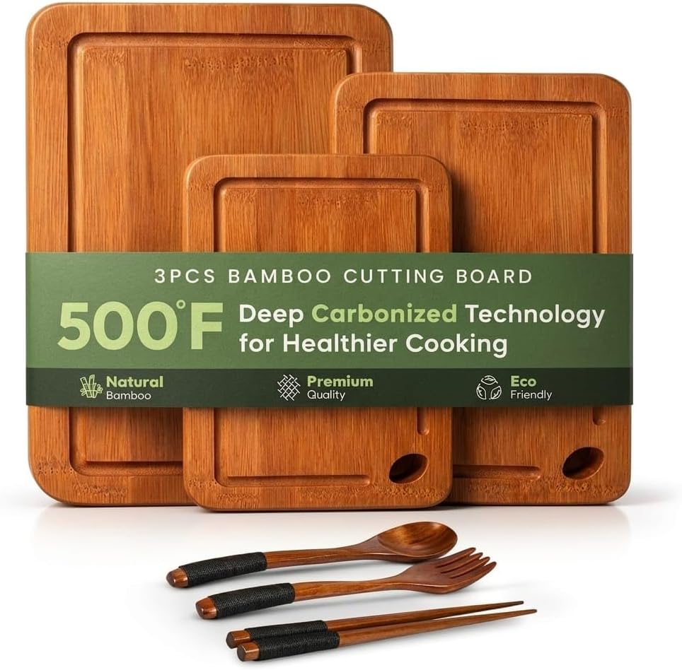 3 Piece Bamboo Cutting Board Set with Juice Grooves, Non-Slip Feet Built-in Handles, Deep Carbonized Wood for Meat Fruit and Cheese Includes 3-in-1 Wooden Cutlery Set
