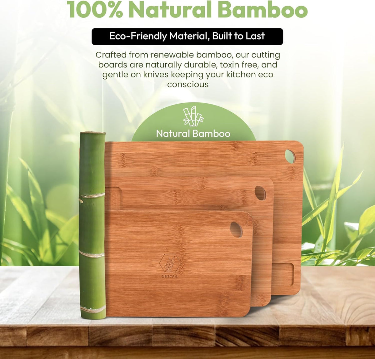 3 Piece Bamboo Cutting Board Set with Juice Grooves, Non-Slip Feet Built-in Handles, Deep Carbonized Wood for Meat Fruit and Cheese Includes 3-in-1 Wooden Cutlery Set