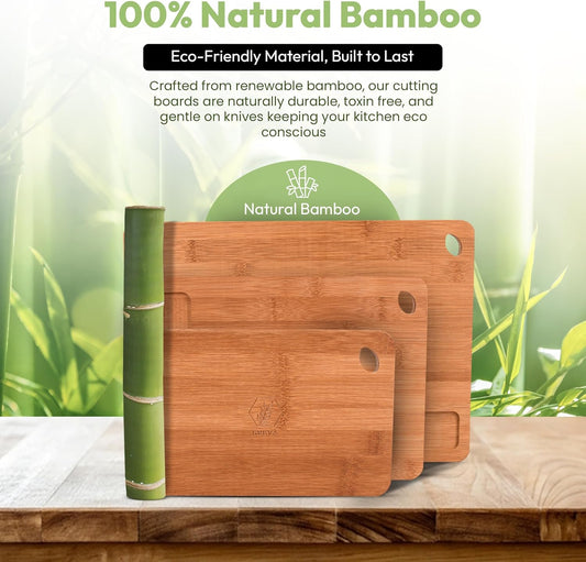 3 Piece Bamboo Cutting Board Set with Juice Grooves, Non-Slip Feet Built-in Handles, Deep Carbonized Wood for Meat Fruit and Cheese Includes 3-in-1 Wooden Cutlery Set