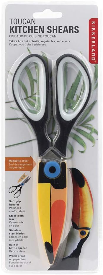 Kikkerland Multi-Purpose Ergonomic Toucan Kitchen Shears Scissors, Black/Orange, Cutting Herbs, Meat Trimming, Kitchen Tool