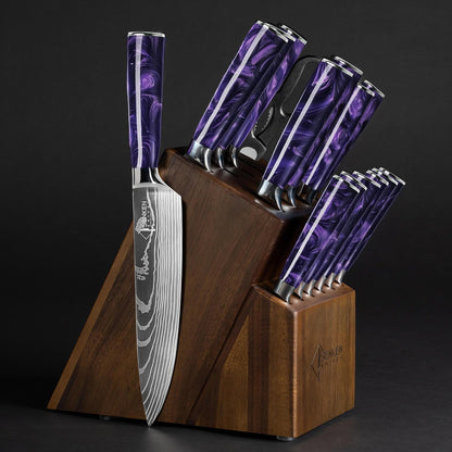 SENKEN 16-Piece Knife Block Set - Japanese High Carbon Stainless Steel with Damascus Pattern, Purple Resin Handles, 6 Steak Knives & Acacia Hardwood Block (Purple)