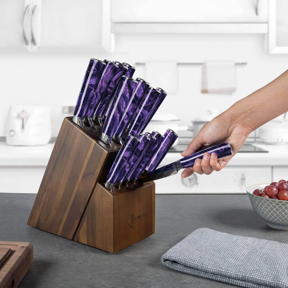 SENKEN 16-Piece Knife Block Set - Japanese High Carbon Stainless Steel with Damascus Pattern, Purple Resin Handles, 6 Steak Knives & Acacia Hardwood Block (Purple)