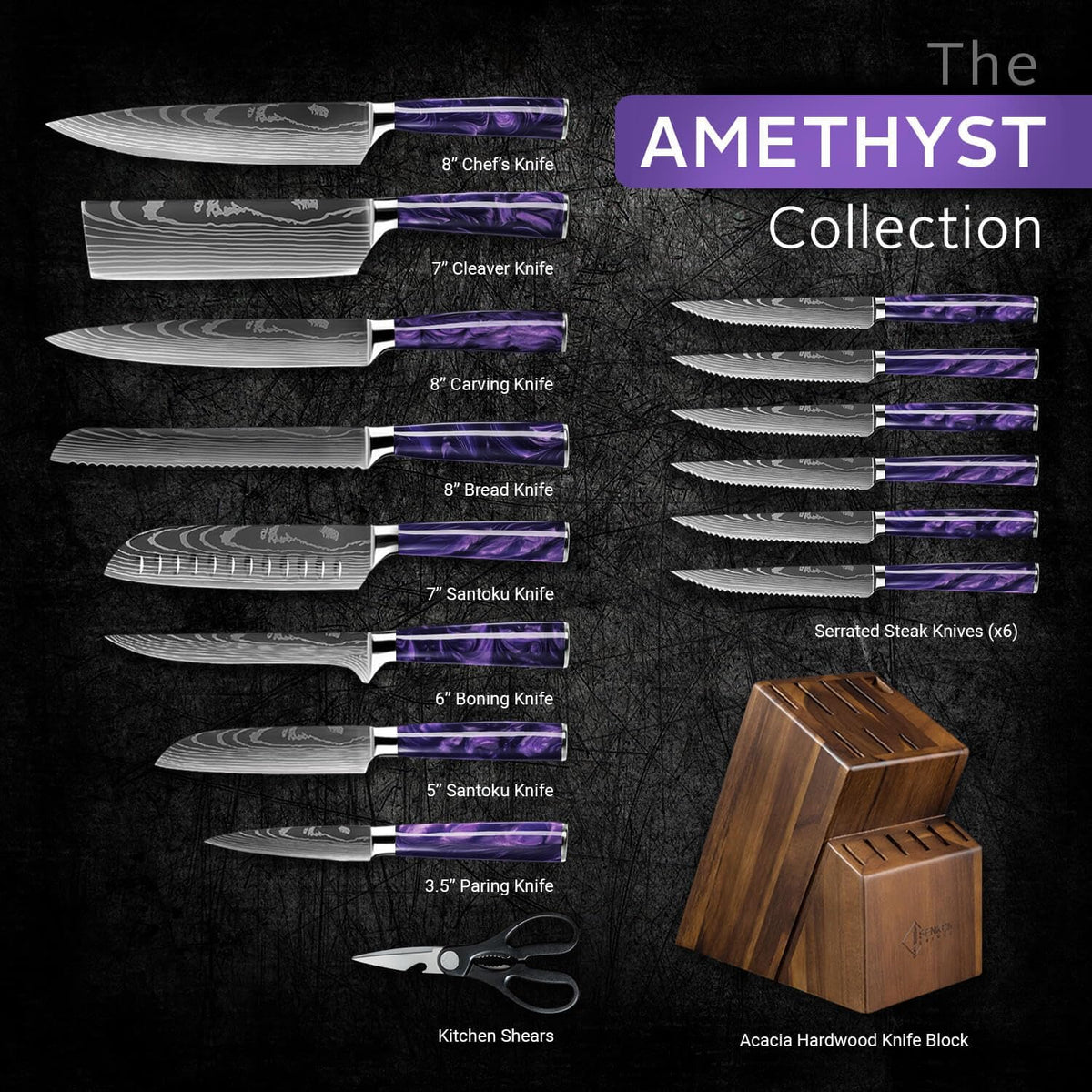 SENKEN 16-Piece Knife Block Set - Japanese High Carbon Stainless Steel with Damascus Pattern, Purple Resin Handles, 6 Steak Knives & Acacia Hardwood Block (Purple)