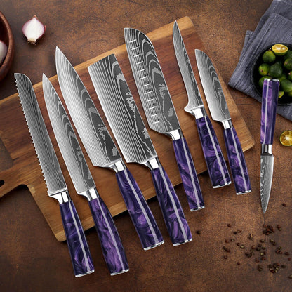 SENKEN 16-Piece Knife Block Set - Japanese High Carbon Stainless Steel with Damascus Pattern, Purple Resin Handles, 6 Steak Knives & Acacia Hardwood Block (Purple)