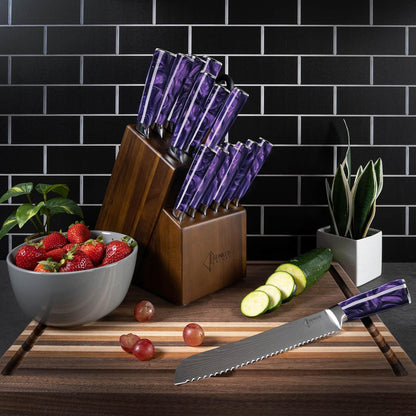 SENKEN 16-Piece Knife Block Set - Japanese High Carbon Stainless Steel with Damascus Pattern, Purple Resin Handles, 6 Steak Knives & Acacia Hardwood Block (Purple)