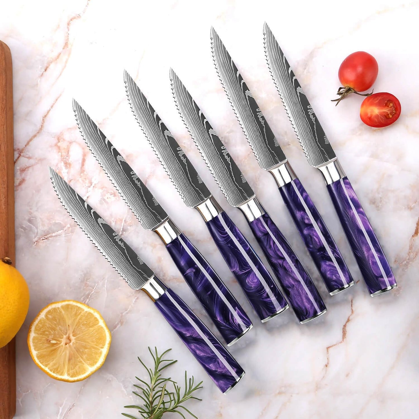 SENKEN 16-Piece Knife Block Set - Japanese High Carbon Stainless Steel with Damascus Pattern, Purple Resin Handles, 6 Steak Knives & Acacia Hardwood Block (Purple)