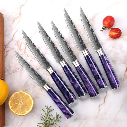 SENKEN 16-Piece Knife Block Set - Japanese High Carbon Stainless Steel with Damascus Pattern, Purple Resin Handles, 6 Steak Knives & Acacia Hardwood Block (Purple)