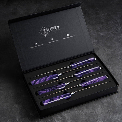 SENKEN 16-Piece Knife Block Set - Japanese High Carbon Stainless Steel with Damascus Pattern, Purple Resin Handles, 6 Steak Knives & Acacia Hardwood Block (Purple)