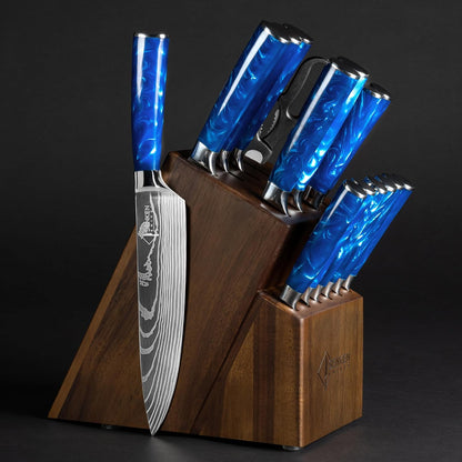 SENKEN 16-Piece Knife Block Set - Japanese High Carbon Stainless Steel with Damascus Pattern, Purple Resin Handles, 6 Steak Knives & Acacia Hardwood Block (Purple)