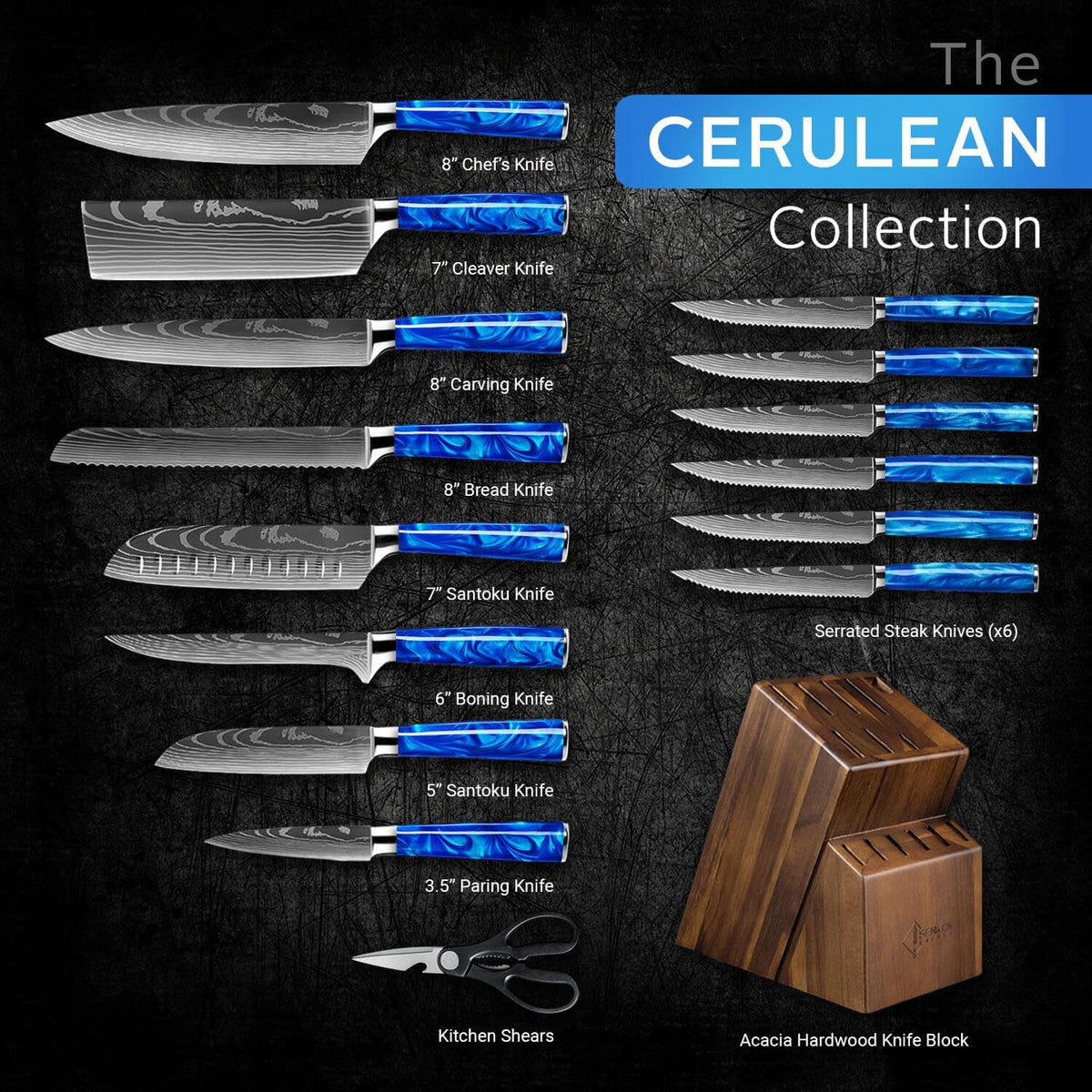SENKEN 16-Piece Knife Block Set - Japanese High Carbon Stainless Steel with Damascus Pattern, Purple Resin Handles, 6 Steak Knives & Acacia Hardwood Block (Purple)