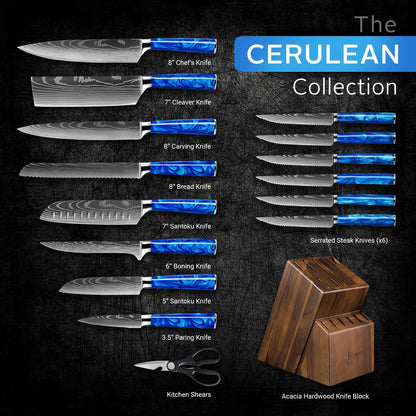 SENKEN 16-Piece Knife Block Set - Japanese High Carbon Stainless Steel with Damascus Pattern, Purple Resin Handles, 6 Steak Knives & Acacia Hardwood Block (Purple)