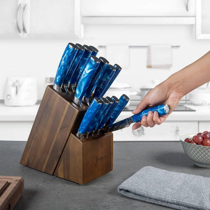 SENKEN 16-Piece Knife Block Set - Japanese High Carbon Stainless Steel with Damascus Pattern, Purple Resin Handles, 6 Steak Knives & Acacia Hardwood Block (Purple)