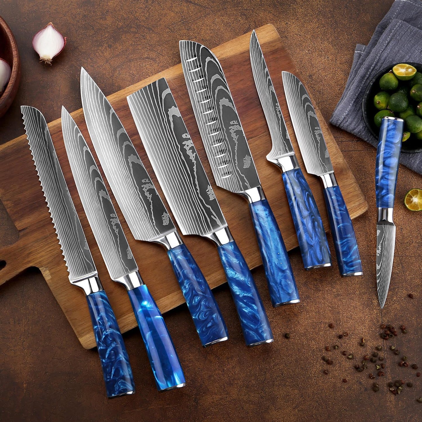 SENKEN 16-Piece Knife Block Set - Japanese High Carbon Stainless Steel with Damascus Pattern, Purple Resin Handles, 6 Steak Knives & Acacia Hardwood Block (Purple)