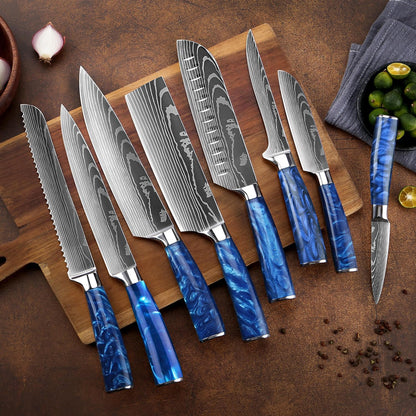 SENKEN 16-Piece Knife Block Set - Japanese High Carbon Stainless Steel with Damascus Pattern, Purple Resin Handles, 6 Steak Knives & Acacia Hardwood Block (Purple)