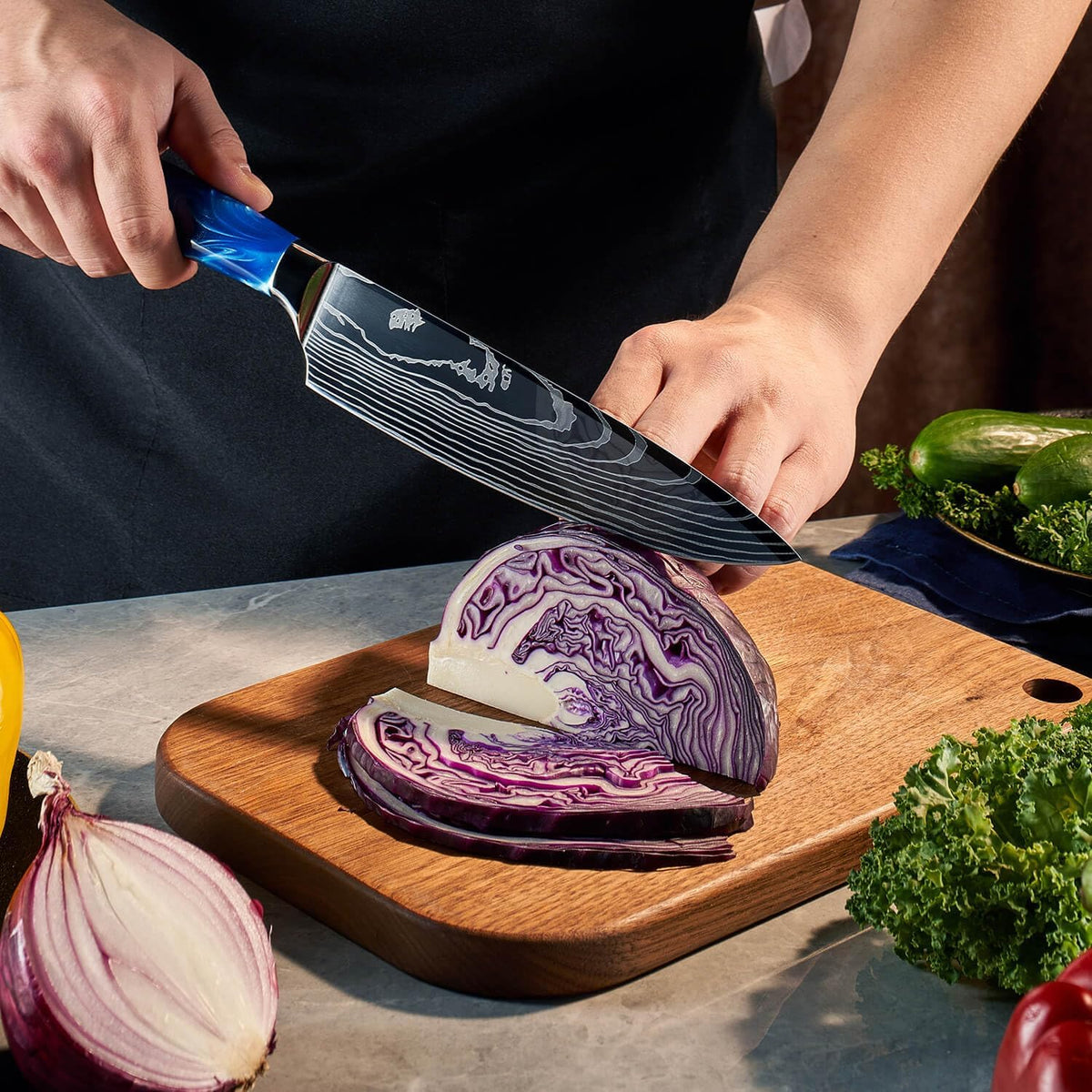 SENKEN 16-Piece Knife Block Set - Japanese High Carbon Stainless Steel with Damascus Pattern, Purple Resin Handles, 6 Steak Knives & Acacia Hardwood Block (Purple)