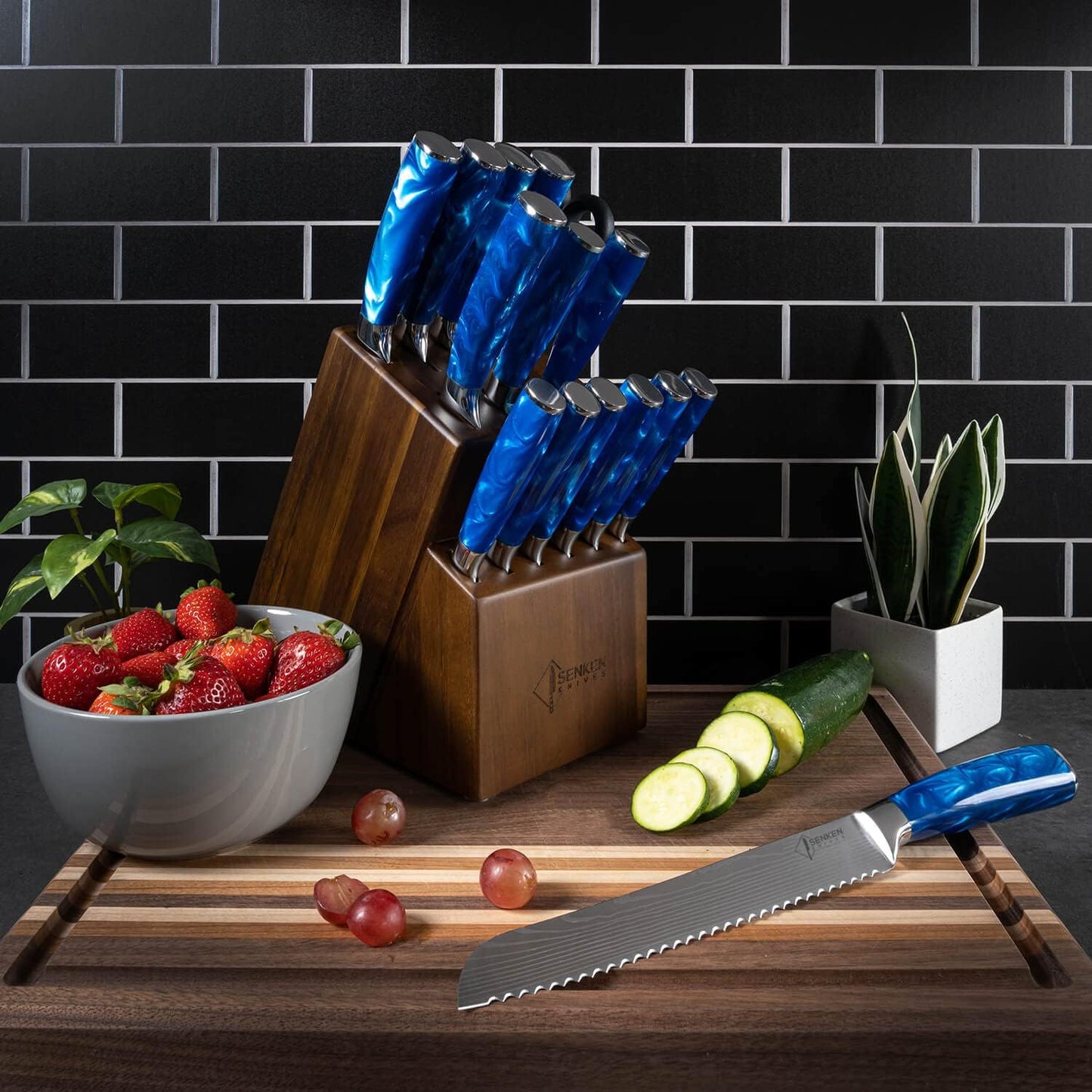 SENKEN 16-Piece Knife Block Set - Japanese High Carbon Stainless Steel with Damascus Pattern, Purple Resin Handles, 6 Steak Knives & Acacia Hardwood Block (Purple)