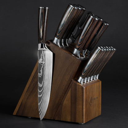 SENKEN 16-Piece Knife Block Set - Japanese High Carbon Stainless Steel with Damascus Pattern, Purple Resin Handles, 6 Steak Knives & Acacia Hardwood Block (Purple)