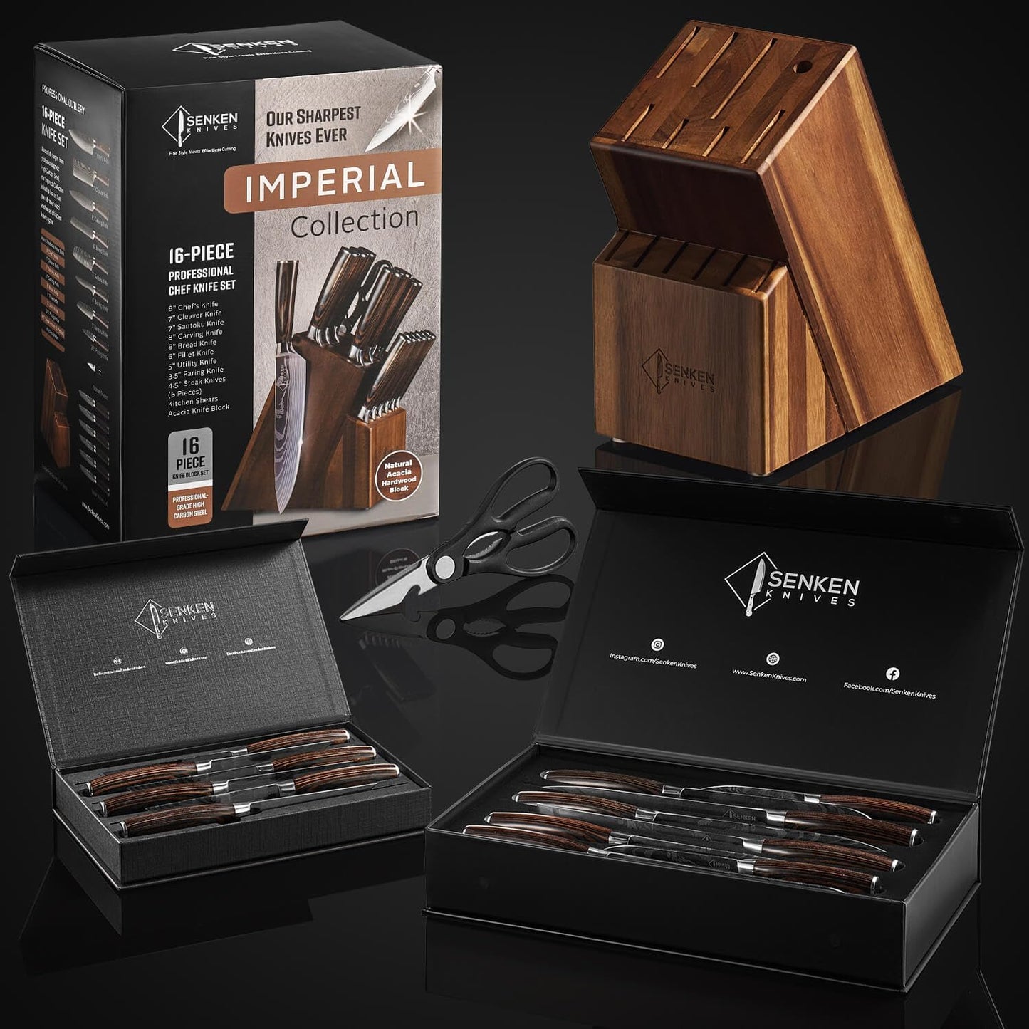 SENKEN 16-Piece Knife Block Set - Japanese High Carbon Stainless Steel with Damascus Pattern, Purple Resin Handles, 6 Steak Knives & Acacia Hardwood Block (Purple)