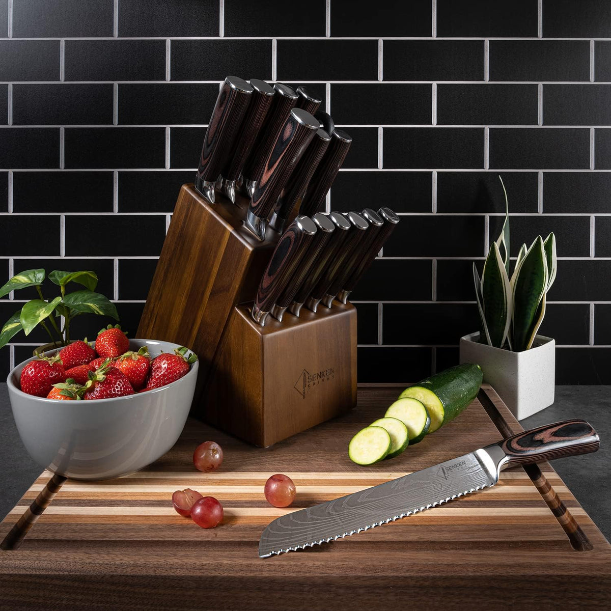 SENKEN 16-Piece Knife Block Set - Japanese High Carbon Stainless Steel with Damascus Pattern, Purple Resin Handles, 6 Steak Knives & Acacia Hardwood Block (Purple)