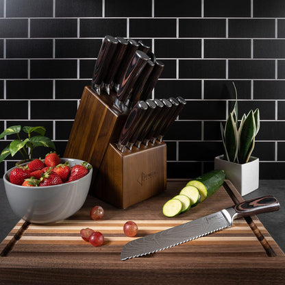 SENKEN 16-Piece Knife Block Set - Japanese High Carbon Stainless Steel with Damascus Pattern, Purple Resin Handles, 6 Steak Knives & Acacia Hardwood Block (Purple)