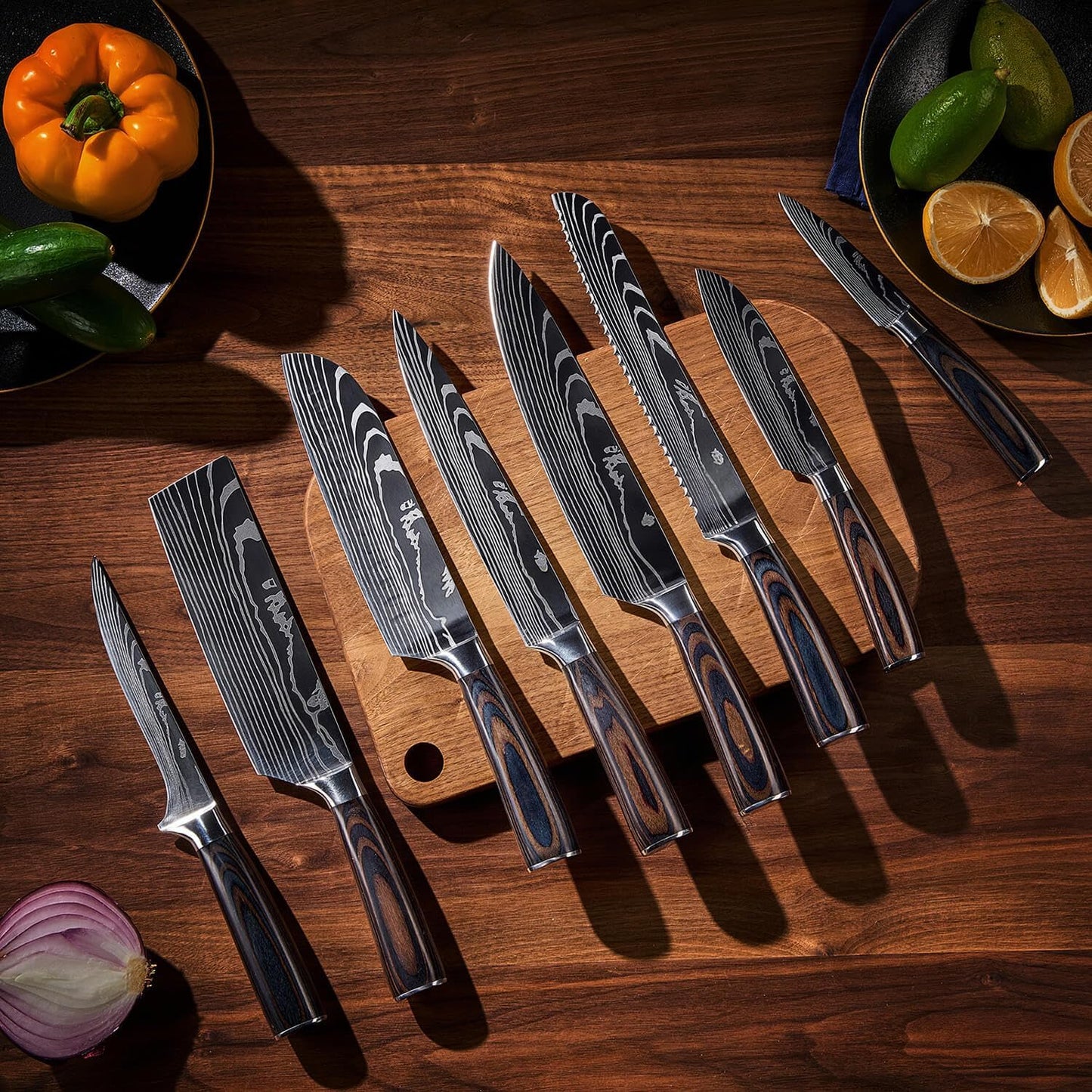 SENKEN 16-Piece Knife Block Set - Japanese High Carbon Stainless Steel with Damascus Pattern, Purple Resin Handles, 6 Steak Knives & Acacia Hardwood Block (Purple)