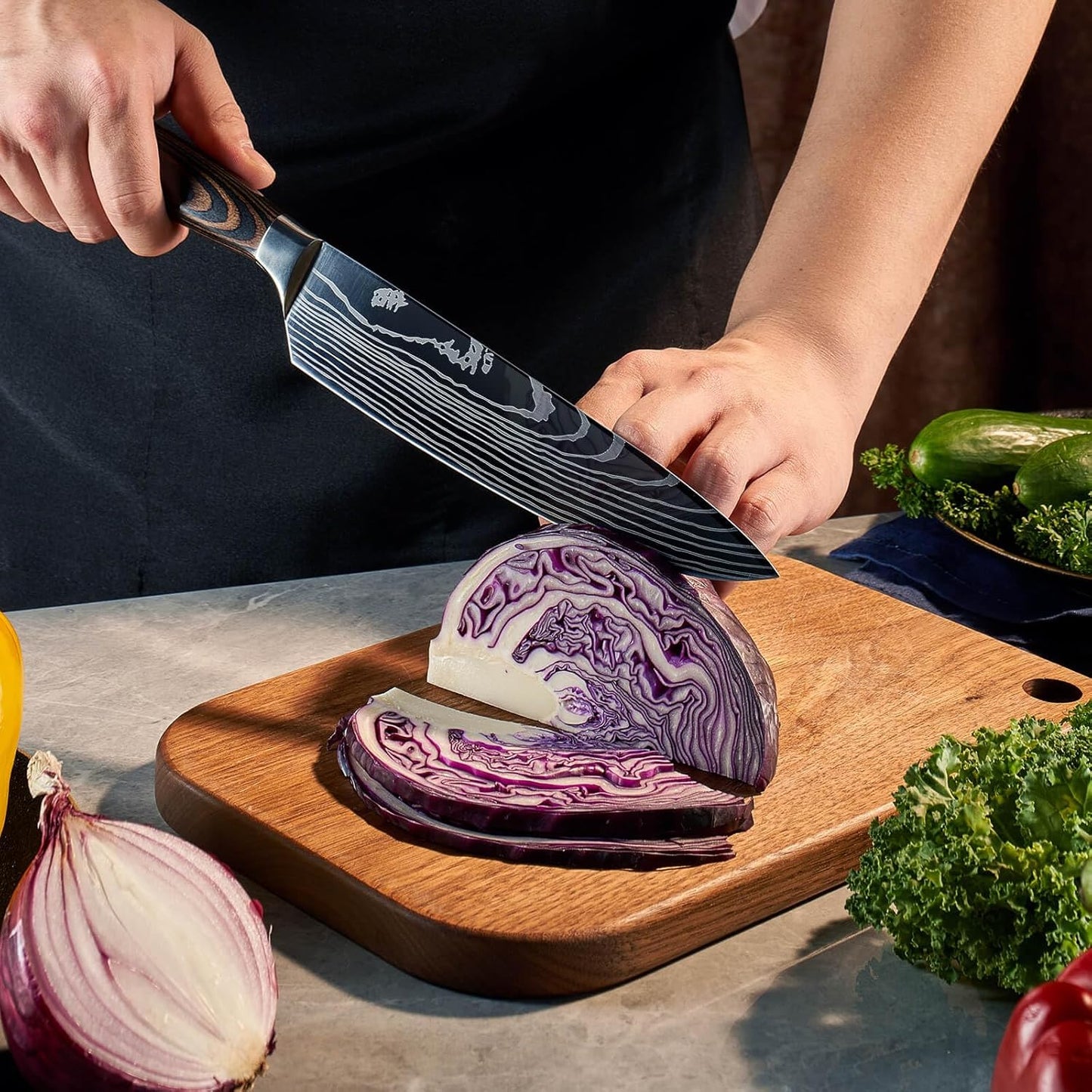 SENKEN 16-Piece Knife Block Set - Japanese High Carbon Stainless Steel with Damascus Pattern, Purple Resin Handles, 6 Steak Knives & Acacia Hardwood Block (Purple)