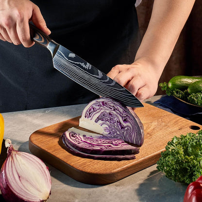 SENKEN 16-Piece Knife Block Set - Japanese High Carbon Stainless Steel with Damascus Pattern, Purple Resin Handles, 6 Steak Knives & Acacia Hardwood Block (Purple)