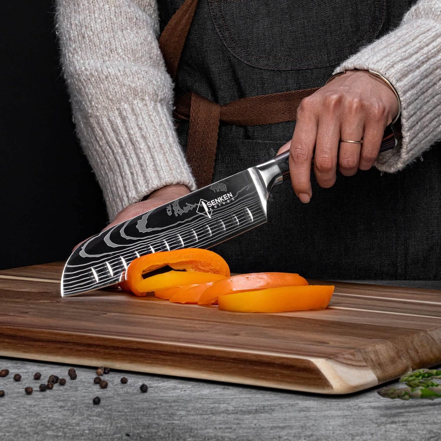 SENKEN 16-Piece Knife Block Set - Japanese High Carbon Stainless Steel with Damascus Pattern, Purple Resin Handles, 6 Steak Knives & Acacia Hardwood Block (Purple)