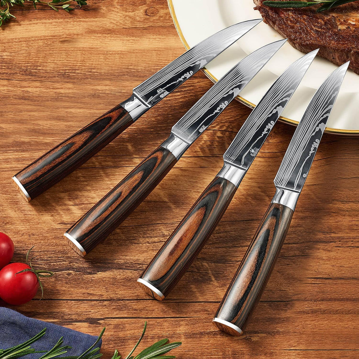 SENKEN 16-Piece Knife Block Set - Japanese High Carbon Stainless Steel with Damascus Pattern, Purple Resin Handles, 6 Steak Knives & Acacia Hardwood Block (Purple)
