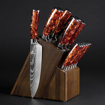 SENKEN 16-Piece Knife Block Set - Japanese High Carbon Stainless Steel with Damascus Pattern, Purple Resin Handles, 6 Steak Knives & Acacia Hardwood Block (Purple)