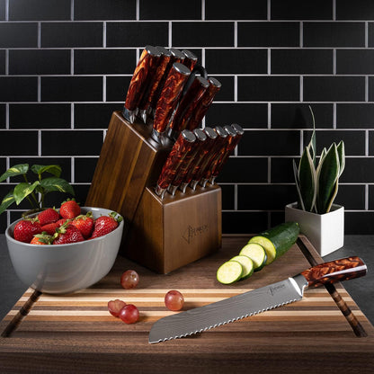 SENKEN 16-Piece Knife Block Set - Japanese High Carbon Stainless Steel with Damascus Pattern, Purple Resin Handles, 6 Steak Knives & Acacia Hardwood Block (Purple)