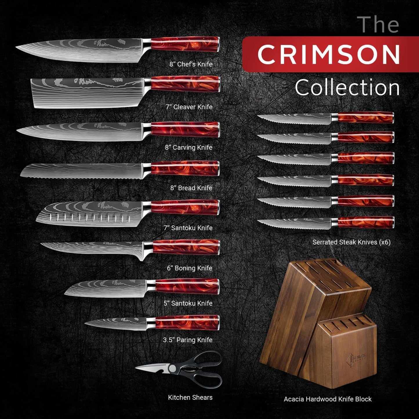 SENKEN 16-Piece Knife Block Set - Japanese High Carbon Stainless Steel with Damascus Pattern, Purple Resin Handles, 6 Steak Knives & Acacia Hardwood Block (Purple)