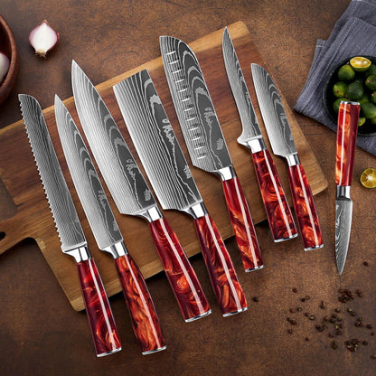 SENKEN 16-Piece Knife Block Set - Japanese High Carbon Stainless Steel with Damascus Pattern, Purple Resin Handles, 6 Steak Knives & Acacia Hardwood Block (Purple)
