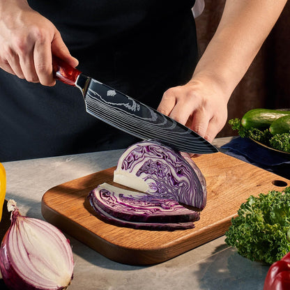 SENKEN 16-Piece Knife Block Set - Japanese High Carbon Stainless Steel with Damascus Pattern, Purple Resin Handles, 6 Steak Knives & Acacia Hardwood Block (Purple)