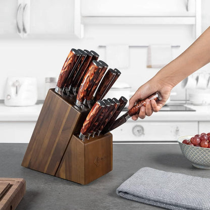 SENKEN 16-Piece Knife Block Set - Japanese High Carbon Stainless Steel with Damascus Pattern, Purple Resin Handles, 6 Steak Knives & Acacia Hardwood Block (Purple)