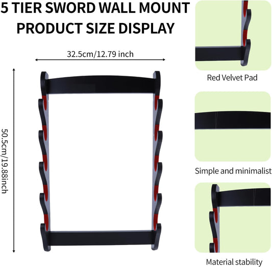 katana Sword Wall Mount Holder 5 Tier Velvet Padded Samurai Sword Display Rack Wakizashi Sword Stand Zoro Animation Sword Display