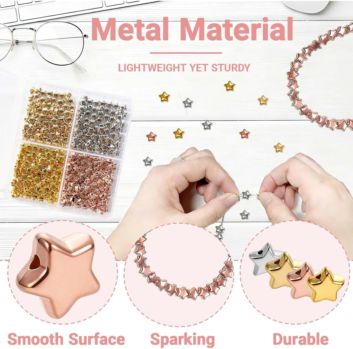 400 Pcs Star Beads 6mm Gold Star Beads Metal Stars Beads for Crafts DIY Stars Charms for Jewelry Bracelet Necklace Key Chains and Other Handicrafts Making（Gold/Silver/KC Gold/Rose Gold）