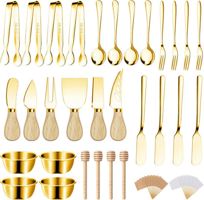 Charcuterie Boards Accessories Gold Charcuterie Utensils Cheese Butter Spreader Knife Set Small Serving Tongs Forks and Spoons Dipping Bowls Honey Dippers Toothpick Flags for Party Platter Appetizers