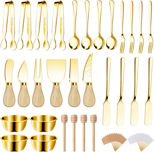 Charcuterie Boards Accessories Gold Charcuterie Utensils Cheese Butter Spreader Knife Set Small Serving Tongs Forks and Spoons Dipping Bowls Honey Dippers Toothpick Flags for Party Platter Appetizers