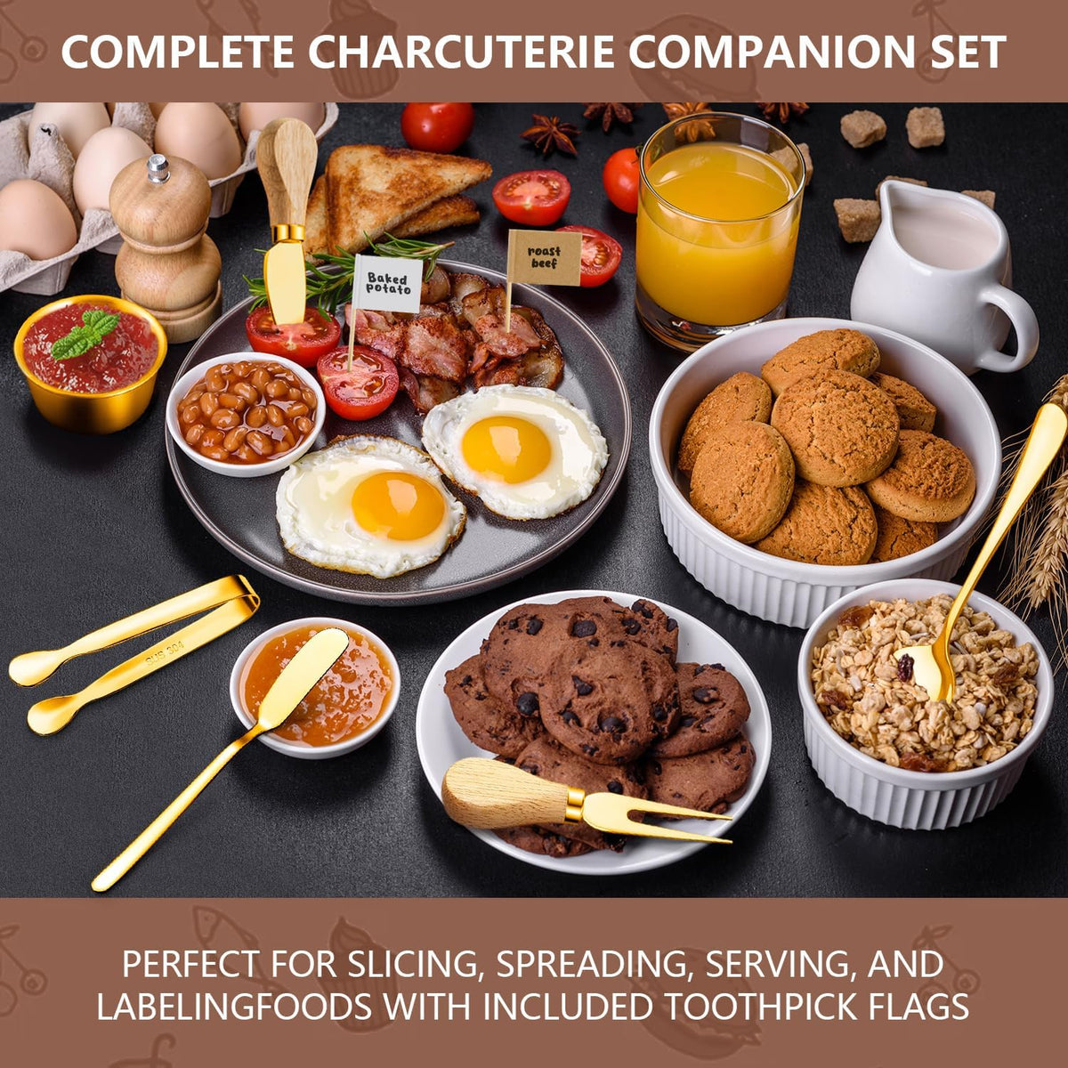 Charcuterie Boards Accessories Gold Charcuterie Utensils Cheese Butter Spreader Knife Set Small Serving Tongs Forks and Spoons Dipping Bowls Honey Dippers Toothpick Flags for Party Platter Appetizers