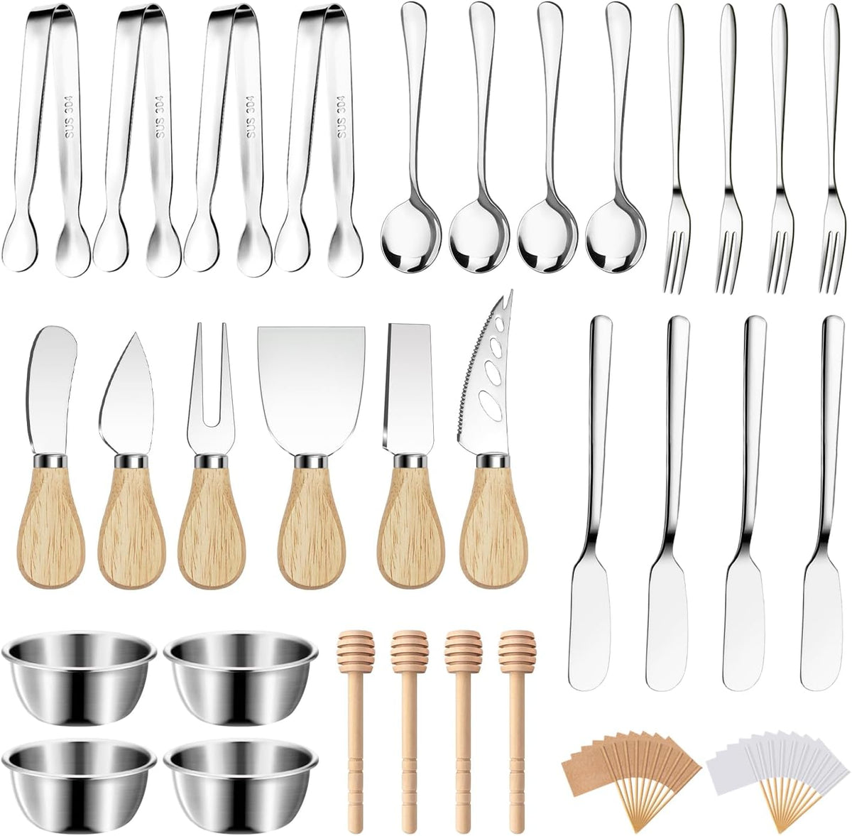 Charcuterie Boards Accessories Gold Charcuterie Utensils Cheese Butter Spreader Knife Set Small Serving Tongs Forks and Spoons Dipping Bowls Honey Dippers Toothpick Flags for Party Platter Appetizers