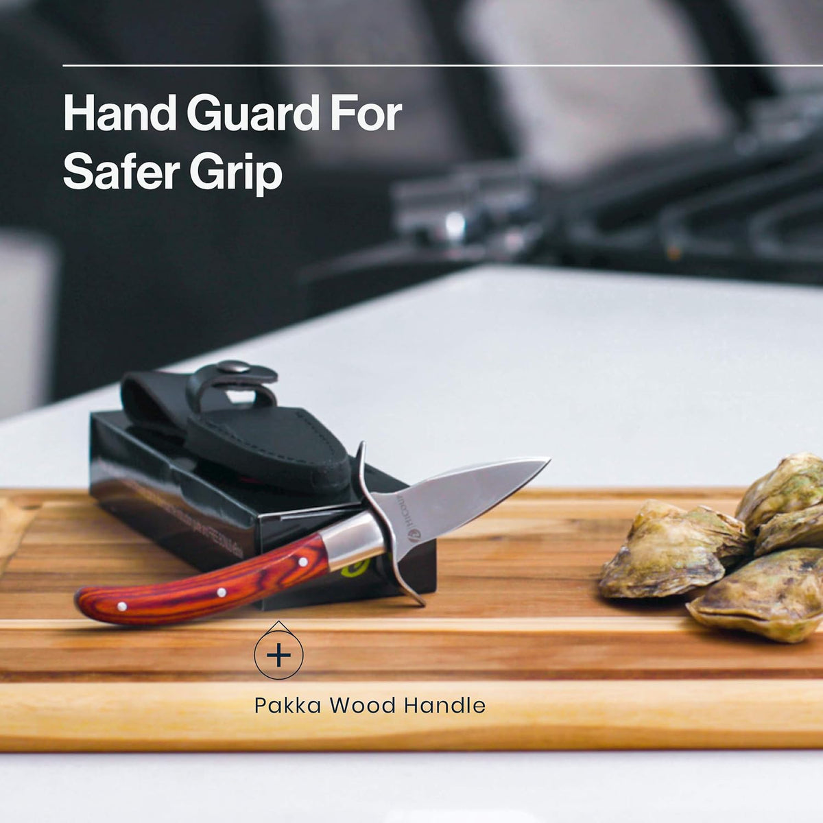 HiCoup Oyster Shucking Knife and Glove Kit - Clam and Oyster Knife Shucker Set with Stainless Steel Seafood Opener Tool, Wood Handle and Gloves