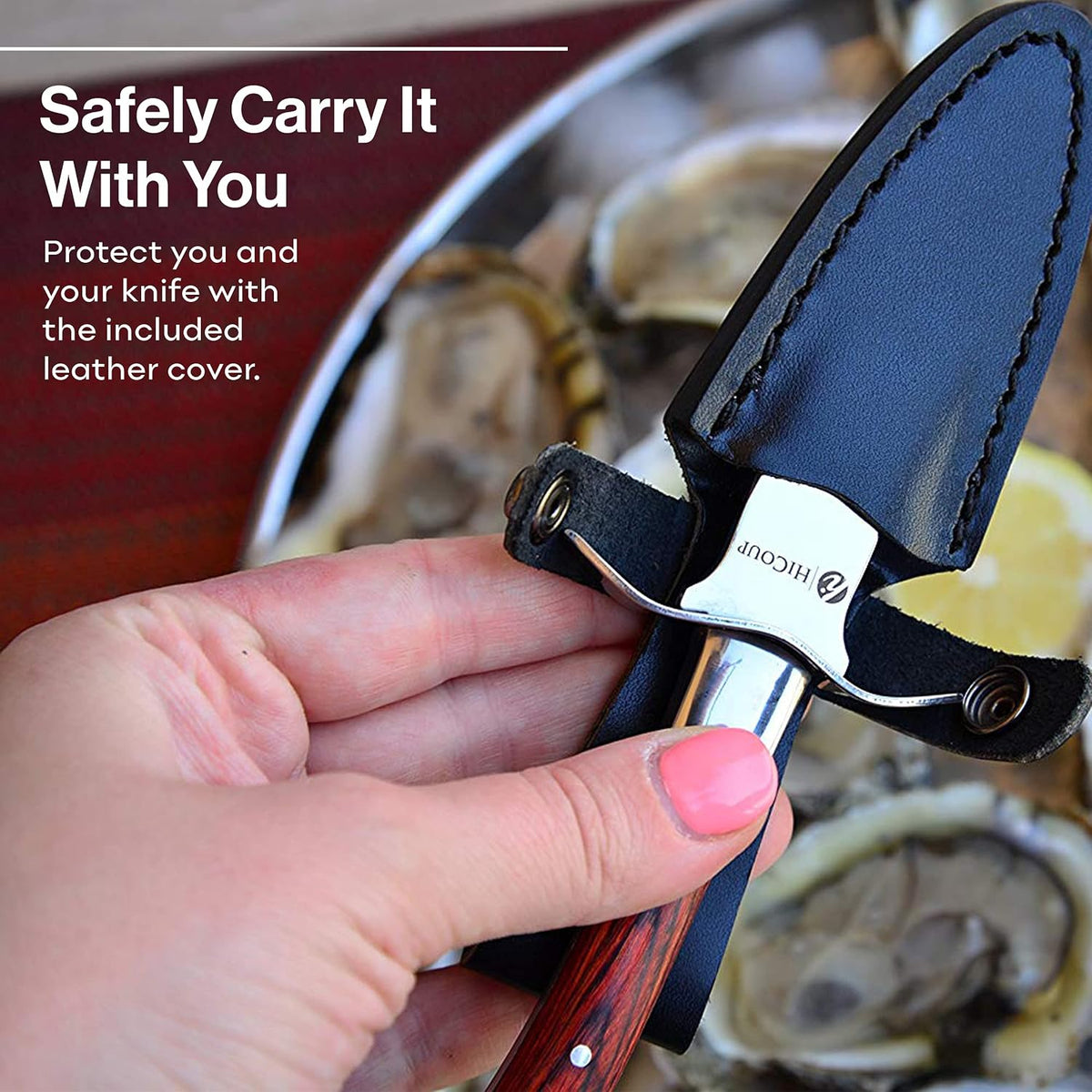 HiCoup Oyster Shucking Knife and Glove Kit - Clam and Oyster Knife Shucker Set with Stainless Steel Seafood Opener Tool, Wood Handle and Gloves