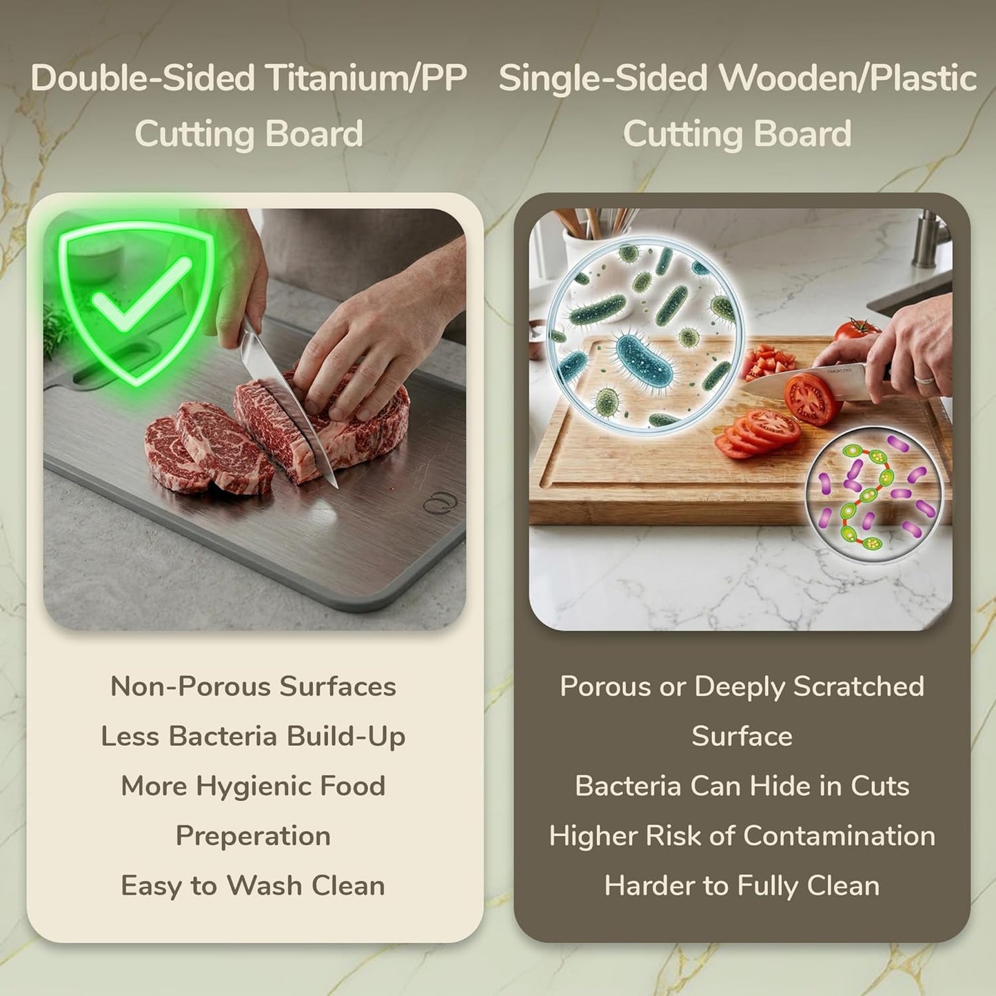 Titanium Cutting Board Double-Sided 2-in-1 (99.9% Titanium + PP), 15" x 10", with Accessories (Finger Guard, Glove, Thumb Knives) - Kitchen Metal Chopping Board for Meat, Fruits & Vegetables