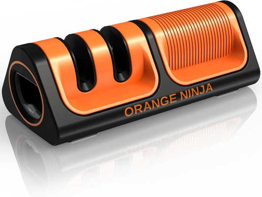 Orange Ninja Mini Knife Sharpener - Coarse & Fine Small Knife Sharpener | Easy to Use Handheld Knife Sharpeners for Kitchen Knives, Pocket Knives with Bottle Opener & Fridge Attachment