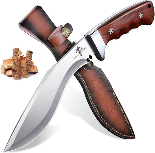 Kukri Knife with Sheath - Heavy Duty Fixed Blade Knife Brown | High Carbon steel, Full Tang Wooden Handle, Gift Box, Large Camping Knives
