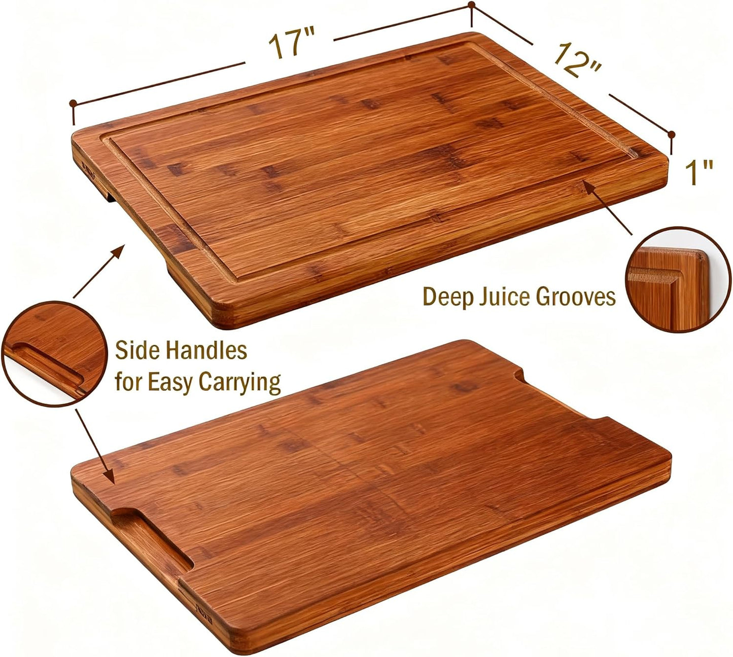 Bamboo 1" Thick Cutting Boards for Kitchen, Large Deep-carbon Charcuterie Board with Deep Juice Grooves & Built-in Handles for Countertop, Ideal for Meat, Vegetables and Fruits 17" x 12"