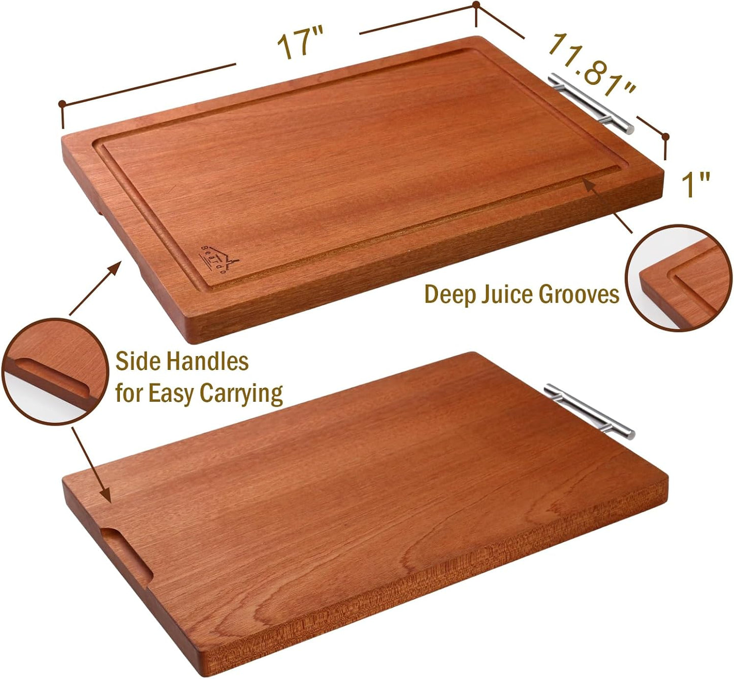 Bamboo 1" Thick Cutting Boards for Kitchen, Large Deep-carbon Charcuterie Board with Deep Juice Grooves & Built-in Handles for Countertop, Ideal for Meat, Vegetables and Fruits 17" x 12"